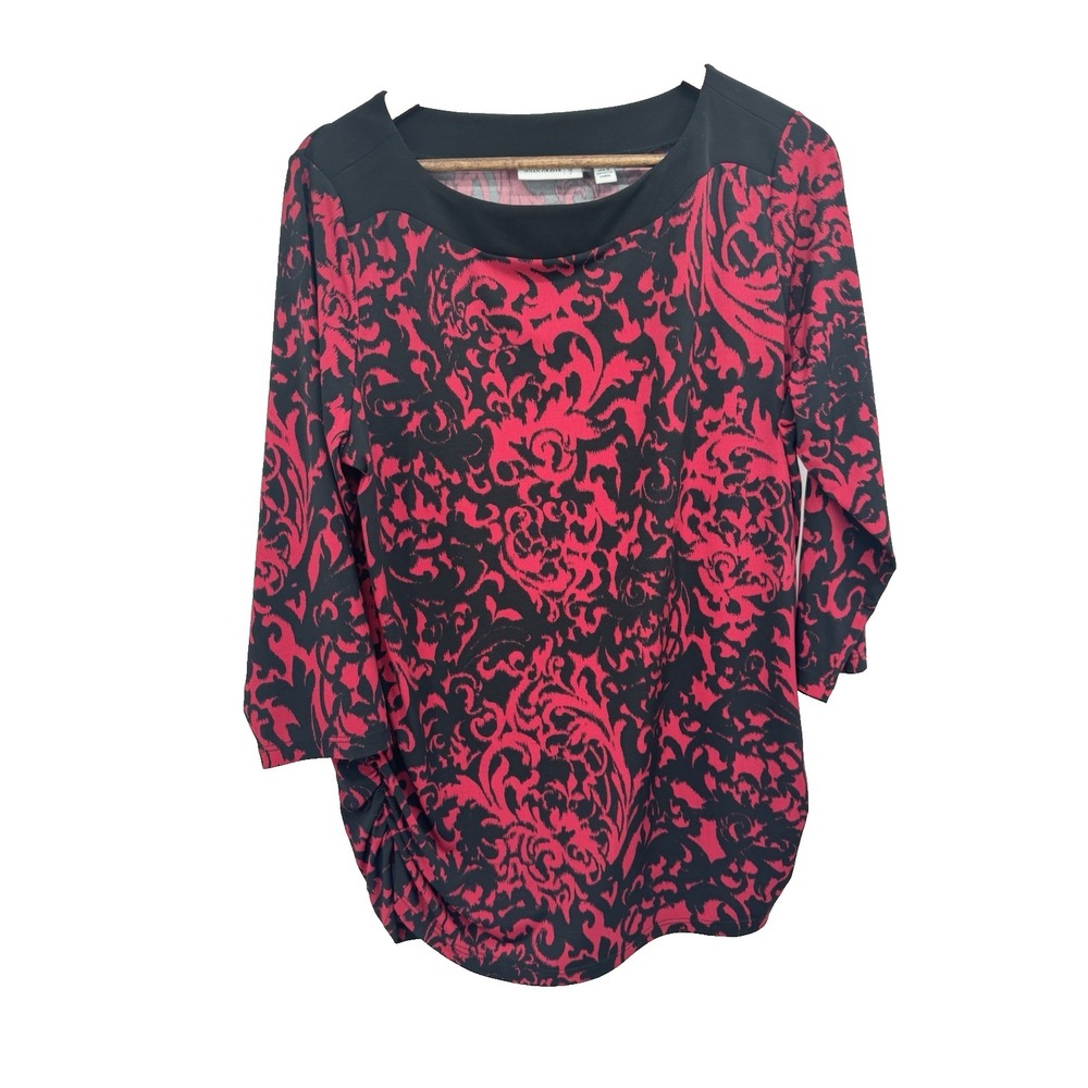 Susan Graver Liquid Knit L Red Black Damask Print 3/4 Sleeve Scoop Neck Ruched